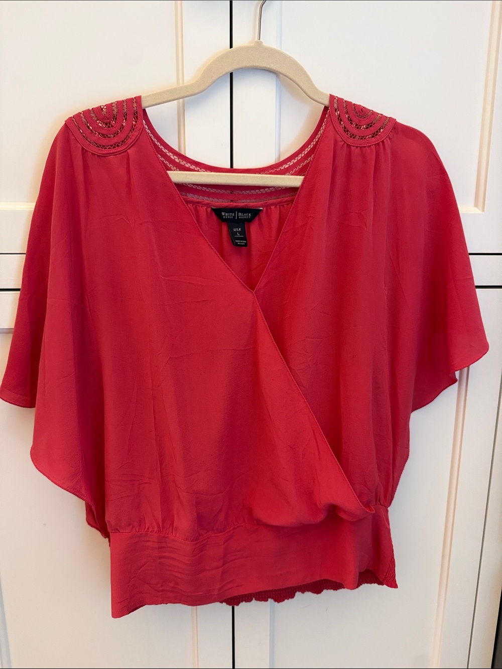 White House Black Market Deep Coral Draped V-Neck Blouse